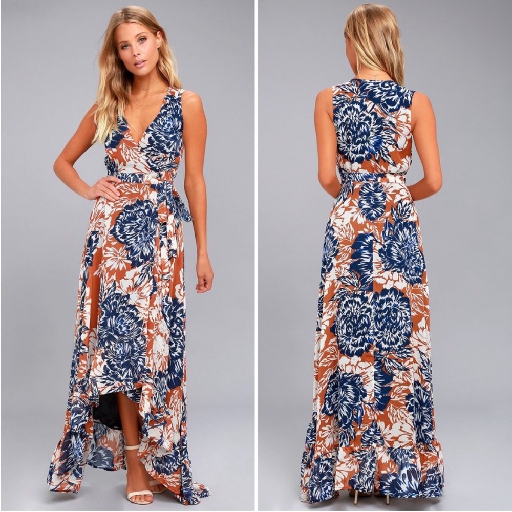 Lulu's Women's High Low Wrap Dress Desert
Trip Rust Orange Floral Print XL